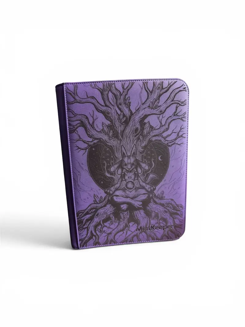 Purple binder engraved in black with a meditating figure seated among roots and branches, holding an orb, titled Tree of Life.